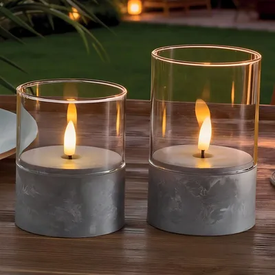 Produktbild von LED Teelichter "Beton-Optik" 2 Stück aus Kunststoff & Glas, mit Timer, flackernd, Teelicht elektrisch, batterie-betrieben