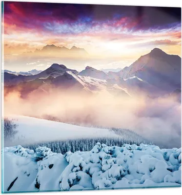 Produktbild von Bilder auf glas - Berge Schnee Winter - 70x70cm - Glasbilder - Wandbilder - Kunstdruck - zum Aufhängen bereit - Wanddekoration aus Glas - Glas Bilder - Wandbild auf Glas - Einteilig - GAC70x70-3596