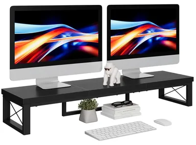 Obrázek produktu pro Omgoods - Stojan pro dva monitory, dřevěný stojan na stůl s úložným prostorem, černý