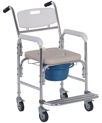 Image de Chaise percšŠe š€ roulettes - fauteuil roulant percšŠ - chaise de douche - seau amovible, accoudoirs, repose-pied - acier chromšŠ HDPE blanc