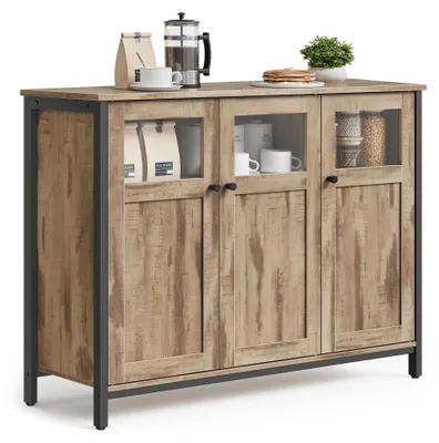Produktbild von Sideboard - Wohnzimmerschrank mit Glastüren - Industriestil - Stahlrahmen - Für Wohnzimmer/Esszimmer - Zum Selbstaufbau - Dunkelkhaki