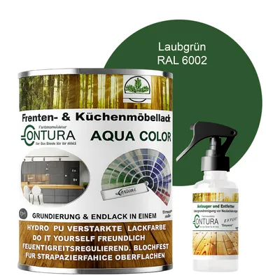 Produktbild von 750ml. + Anlauger - Contura Küchenmöbellack RAL Möbellack SEIDENMATT SET Möbelfarbe Holzlack Buntlack Küchenlack - RAL 6002 Laubgrün