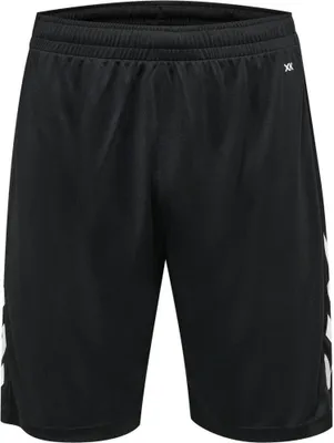 A pair of black sports shorts with white accents.