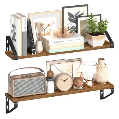 Two shelves are shown, each displaying various decorative items and books.