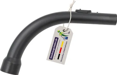 A gray vacuum cleaner hose attachment with a tag attached.