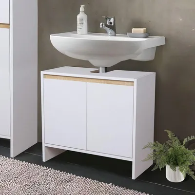 Produktbild von Waschbeckenunterschrank 60x28x55 cm Weiß Badezimmerschrank Landhausstil mit Stauraum pflegeleicht feuchtigkeitsresistent