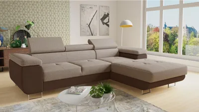 Produktbild von Ecksofa Divo mit einstellbare Kopfstützen und Schlaffunktion, Couchgarnitur, Sofagarnitur, Couch, Schlafsofa (Braun + Cappuccino (Sawana 16 + Sawana 02), Ecksofa Rechts)