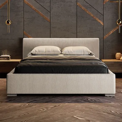 A modern bedroom with a bed, nightstands, and decorative wall panels.