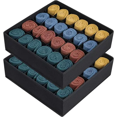Immagine prodotto di Scatole portaoggetti pieghevoli in tessuto, nere, con 24 scomparti, ideali per calze e biancheria intima. Dimensioni: 30x30x9 cm. Confezione da 2 pezzi