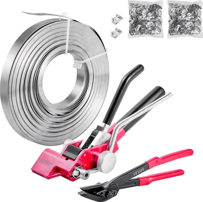 Zdjęcie produktu dla VEVOR 4-częściowy zestaw do opasywania taśmą stalową, ręczne urządzenie do opasywania z 60 m taśmy metalowej, 200 metalowymi klamrami i nożyczkami, idealne wyposażenie warsztatu do pakowania przemysłowego, transportu i magazynowania.