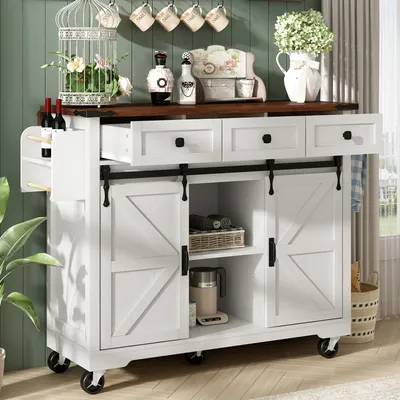 Immagine prodotto di MODFU Cassettiera da cucina a isola, credenza con piano di lavoro estraibile, armadio a buffet con 2 ante scorrevoli e 3 cassetti per soggiorno, carrello da cucina, bianco