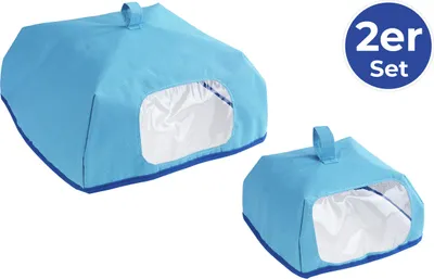 Two blue food covers with clear windows are shown against a white background.