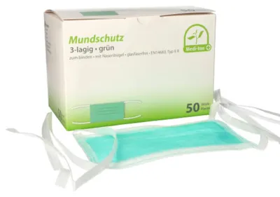 Produktbild von 50 Medi-Inn® Mundschutz Type IIR, 3-lagig 9 cm x 17,5 cm grün mit Nasenbügel, zum Binden