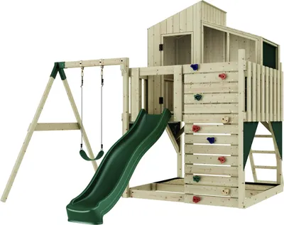 Produktbild von OutdoorToys Spielturm mit Spielhaus inkl. Wellenrutsche, Outdoor Klettergerüst Garten, Kletterwand und Kletterleiter, Ausführung: Kinderschaukel, Farbe: Smaragdgrün Kinderschaukel