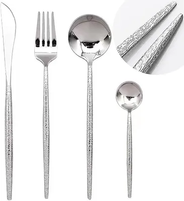 Produktbild von 24-teiliges Hammermuster Edelstahl Besteckset für 6 Personen – Messer, Gabeln, Löffel, Teelöffel