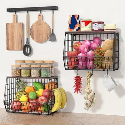 Produktbild von Famanu Obstkorb Set 2 – Wand Obstetagere mit Holzdeckel + 4 Bananenhaken