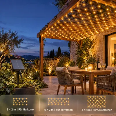 Imagen del producto de VA-Cerulean: Guirnalda solar LED para decoración, 6 x 2 metros, 280 LEDs, luz cálida, con temporizador