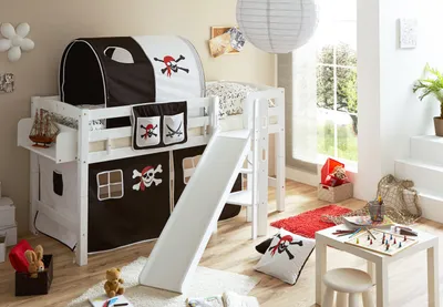 Produktbild von Hochbett mit Rutsche Podestbett Tino Buche massiv Weiss teilbar, Vorhangstoff:Pirat Schwarz Weiss