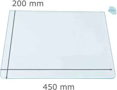 A rectangular piece of clear glass with rounded corners, displayed on a white background with dimensions indicated.