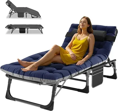 Imagen del producto de Cama plegable para tomar el sol, cama de camping, cama de invitados plegable, tumbona, capacidad de carga de 200 kg, tumbona para jardín con colchón, bolsillo lateral y reposacabezas, cama de campaña para uso en exteriores, interiores, jardines y campamentos (azul-)