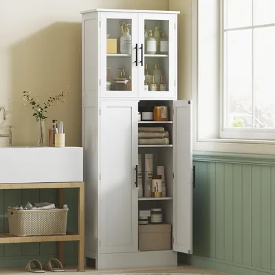Produktbild von Hoher Badezimmerschrank mit Glastüren und 6 Regalen, 60x30x170 cm, Weiß