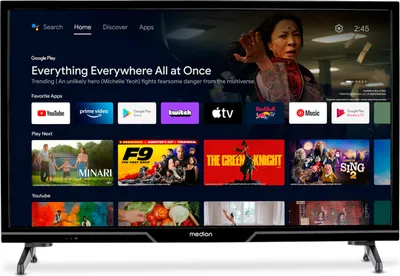A television screen displaying a smart TV interface with various apps and movie posters.