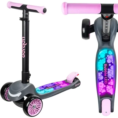 Zdjęcie produktu dla Hulajnoga trójkołowa dla dzieci Bergen BubbleLED, Balansowa, Podświetlenie LED, 11 trybów, składana, lekka, 3-stopniowa regulacja wysokości, różowa