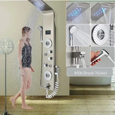 Produktbild von LED Duschpanel - Wandmontage Duschsystem 8006 - Regendusche Wasserfall - Massagejets Handbrause Wanneneinlauf - 3-Griff Mischer - Gebürstetes Nickel Blaues LED-Licht