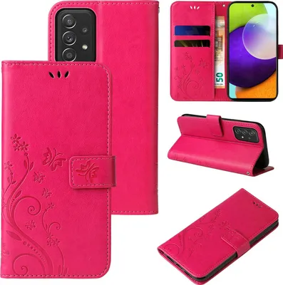 Produktbild von Handyhülle für Samsung Galaxy A52 / A52 5G / A52s 5G Floral Blumen Schmetterling Flip Cover Hülle Case Klapphülle Handytasche Farbe: Pink