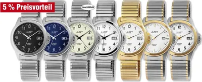 Produktbild von Just Edelstahl Herrenarmbanduhr mit Zugarmband, 3-Zeiger, Datumsanzeige