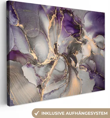 Produktbild von MuchoWow® - Leinwandbilder - Gold - Lila - Marmor, Wandbild, Wanddeko Bilder Wohnzimmer, 80x60 cm