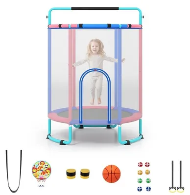 Produktbild von KOMFOTTEU Trampolin für Kinder, 154 cm Kindertrampolin mit Schaukel, Turnstange, Ringen, Zielscheibe & Basketballkorb, Kleinkindtrampolin mit Basketball & Bällen für Kinder ab 3 Jahren, innen & draußen