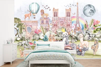 Produktbild von MuchoWow® Fototapete für Wohnzimmer oder Schlafzimmer Wandtapete Vinyl Motivtapete Paris - Regenbogen - Kinder - Rosa - Mädchen - Tiere - 600x400 cm - Kindertapete - Vinyltapeten