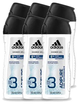 Obrázok produktu pre 6 kusov gélu na sprchovanie a šampónu 2 v 1 Adidas Adipure – 250 ml – výhodný balík