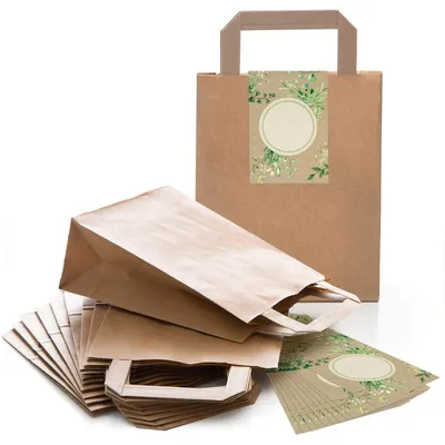 Produktbild von Logbuch-Verlag 10 Henkteltaschen aus Kraftpapier braun + 10 Vintage Aufkleber grün beschriftbar Gastgeschenk Mitgebsel Geschenktüte Hochzeit Vintagedeko natürlichVintage Aufkleber zum Beschriften grün beige / 25 Stück