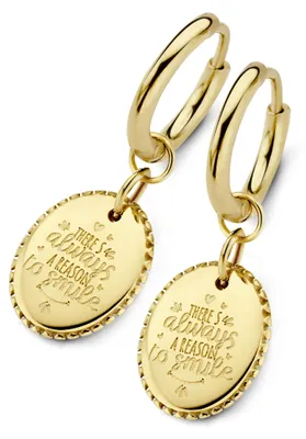 Produktbild von CO88 Collection Divine 8CE-70351 Stalen oorringen met hanger - ovaal - tekst - 12 mm - Goudkleurig