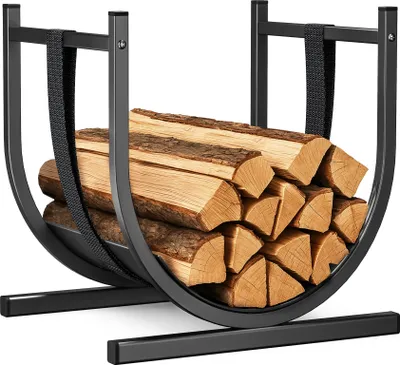 Produktbild von VOUNOT® Metall Kaminholzregal, U-förmiges Brennholzregal mit stabiler Basis und Sicherheitsgurt 41 x 37 x 39.5 cm, Schwarz