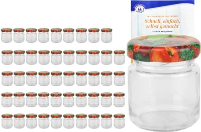 A set of small glass jars with decorative lids and a recipe booklet, presented on a white background.