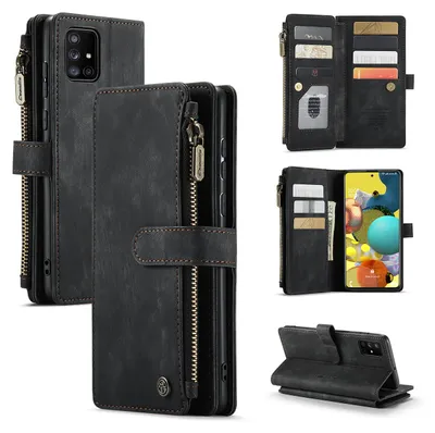 Collage of images showing a black leather wallet-style phone case for a Samsung Galaxy A51 4G.
