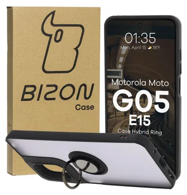 A product shot showing a phone case with a ring stand, next to its packaging and a smartphone displaying product information.