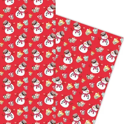 Produktbild von Lustiges Weihnachts Geschenkpapier mit Schneemännern und Geschenken auf rot - G5977, 32 x 48cm