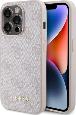 A close-up shot of a pink phone case with a repeating Guess logo pattern and a gold Guess logo. The phone is partially visible inside the case.