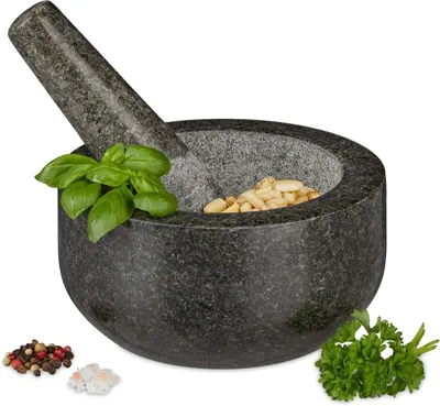 Imagen del producto de Mortero y pistilo de granito - Duradero - Especias - Hierbas - Mortero pulido - Diámetro 16 cm - Capacidad 400 ml - Gris