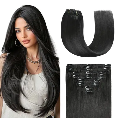 Produktbild von Clip In Echthaar Extensions Tiefschwarz 35cm 110g 8 Stück Remy Echthaar Glatt Unsichtbar