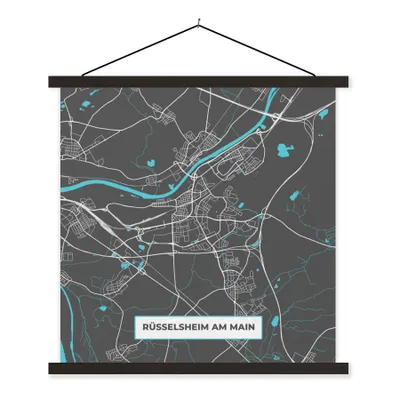 Produktbild von MuchoWow® Textilposter Stadtplan - Karte - Rüsselsheim am Main - Blau - Deutschland - Karte 120x120 cm mit schwarzem Rahmen - Aufhängungsset