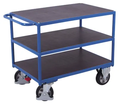 Produktbild von VARIOfit Schwerlast Tischwagen mit Schiebegriff und 3 Ladeflächen 1995x800mm Enzianblau RAL 5016