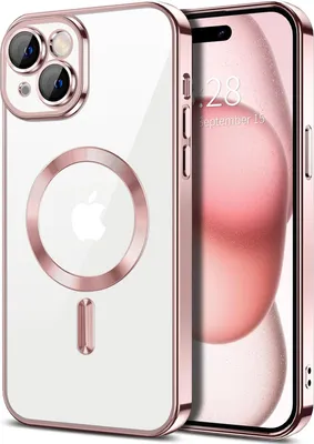 Immagine prodotto di Custodia magnetica trasparente per iPhone 15 Plus, compatibile con MagSafe, custodia protettiva galvanica con protezione della fotocamera Rosa