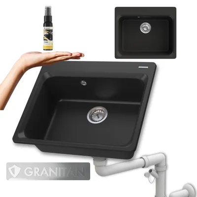 Immagine prodotto di Granitan - Lavello in granito - Lavandino 61,9x52,2 cm - Lavello cucina nero - con sifone - ZANTE
