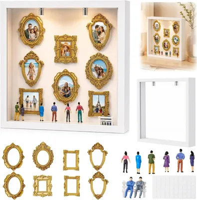 Produktbild von DIY Mini Museum - Silhouettenbox Bilderrahmen - 25x25 cm Holz - 2 LED-Lichter - 8 mini Goldrahmen mit Figuren - quadratisch - weiß