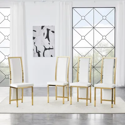 Produktbild von [4er-Set] Europäische Minimalistische Esszimmerstühle mit Goldkante. Weißes Kunstleder + Goldglanz Metallrahmen, 109 cm hoch, für vielseitige Einsätze wie Esszimmer, Büro usw. White+Gold